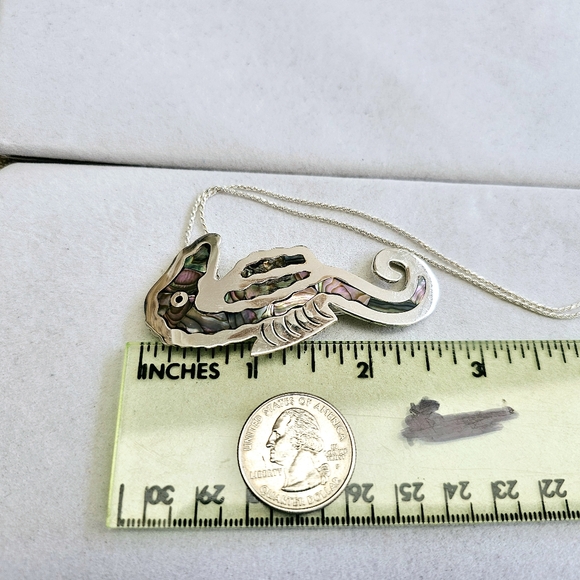 925 Alpaca Mexico Abalone Inlay Vintage Seahorse Pendant/Brooch Necklace - Picture 10 of 13